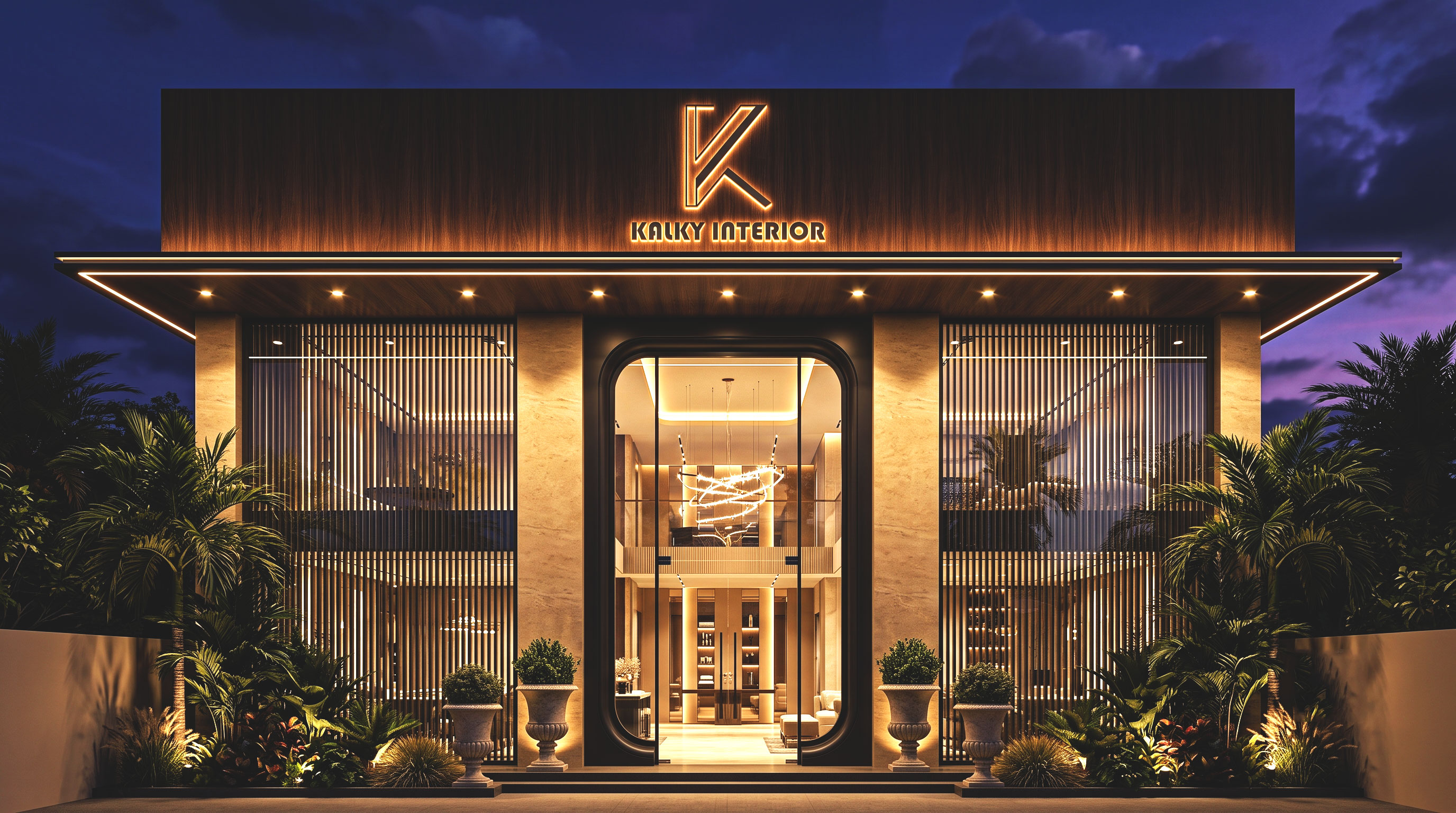 The Kalky Interior showroom in Bhubaneswar at dusk