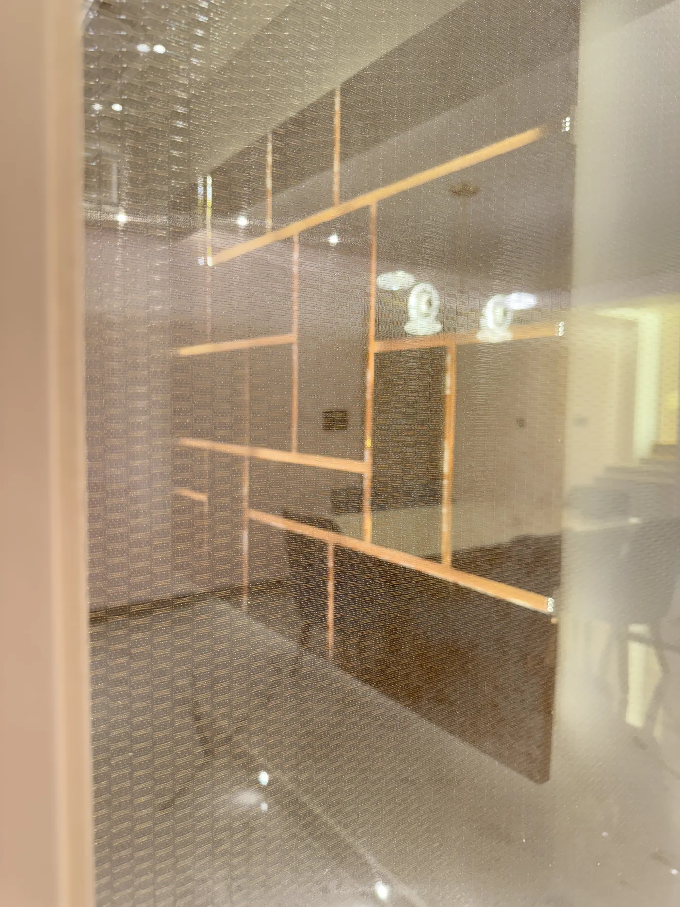 Glass and brass display shelving used as a room partition