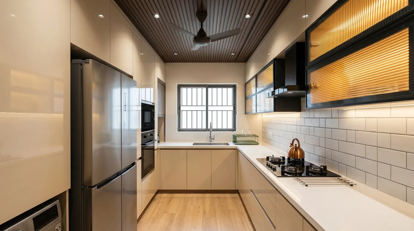 Galley kitchen in beige with a white worktop and a tiled splashback