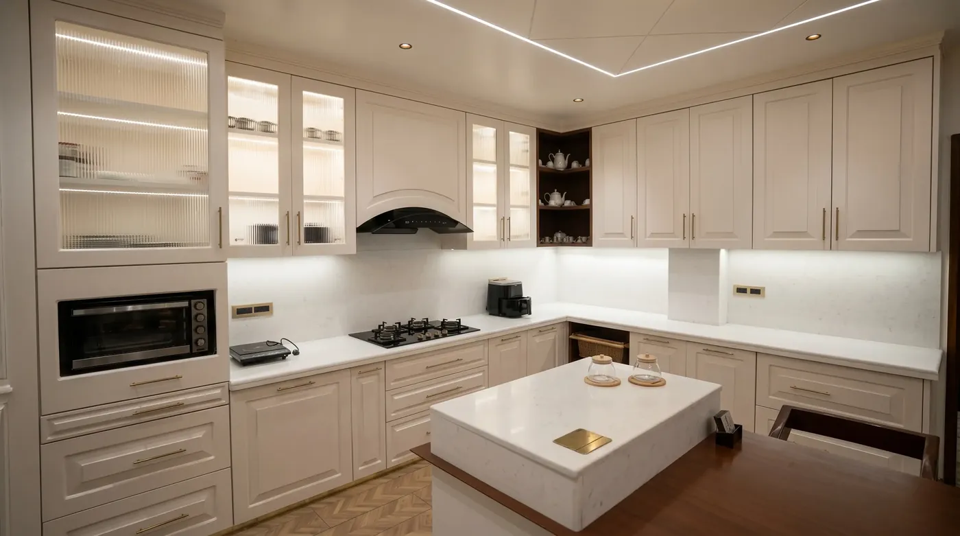 White kitchen with a marble island and a cove-lit ceiling