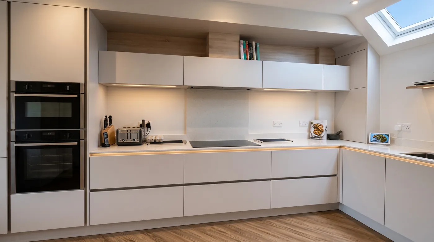White handleless kitchen lit by a roof light