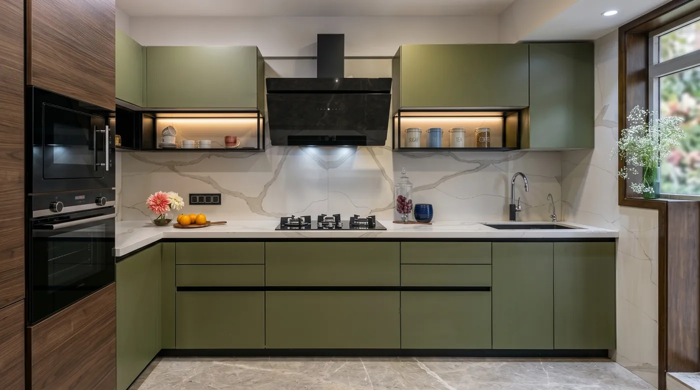 Olive green modular kitchen with a timber floor and a black chimney