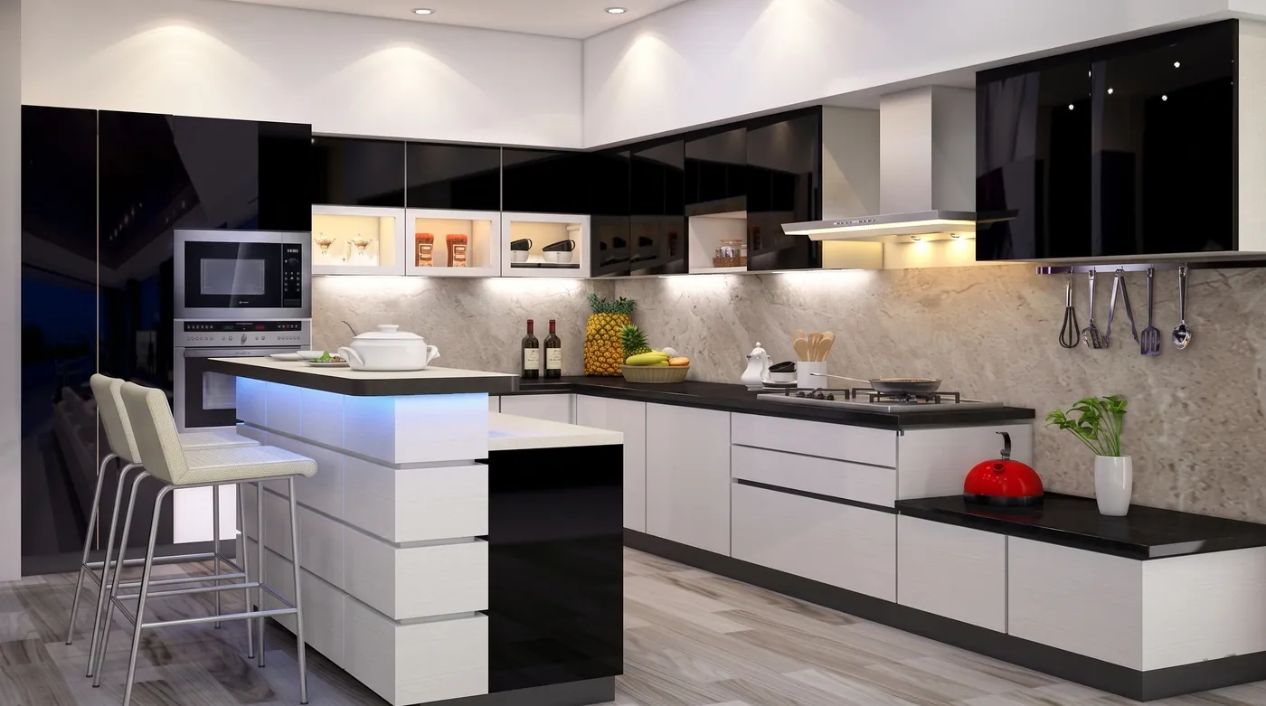 Black and white gloss kitchen with a breakfast island