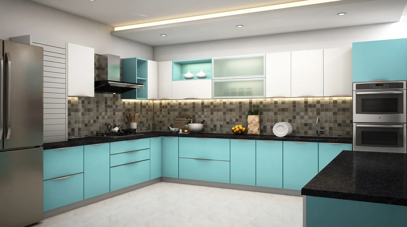 Teal modular kitchen with a dark worktop and a tiled splashback