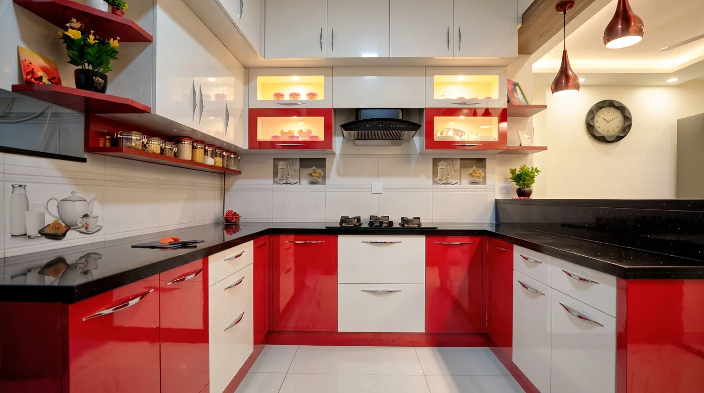 Red gloss modular kitchen with open display niches