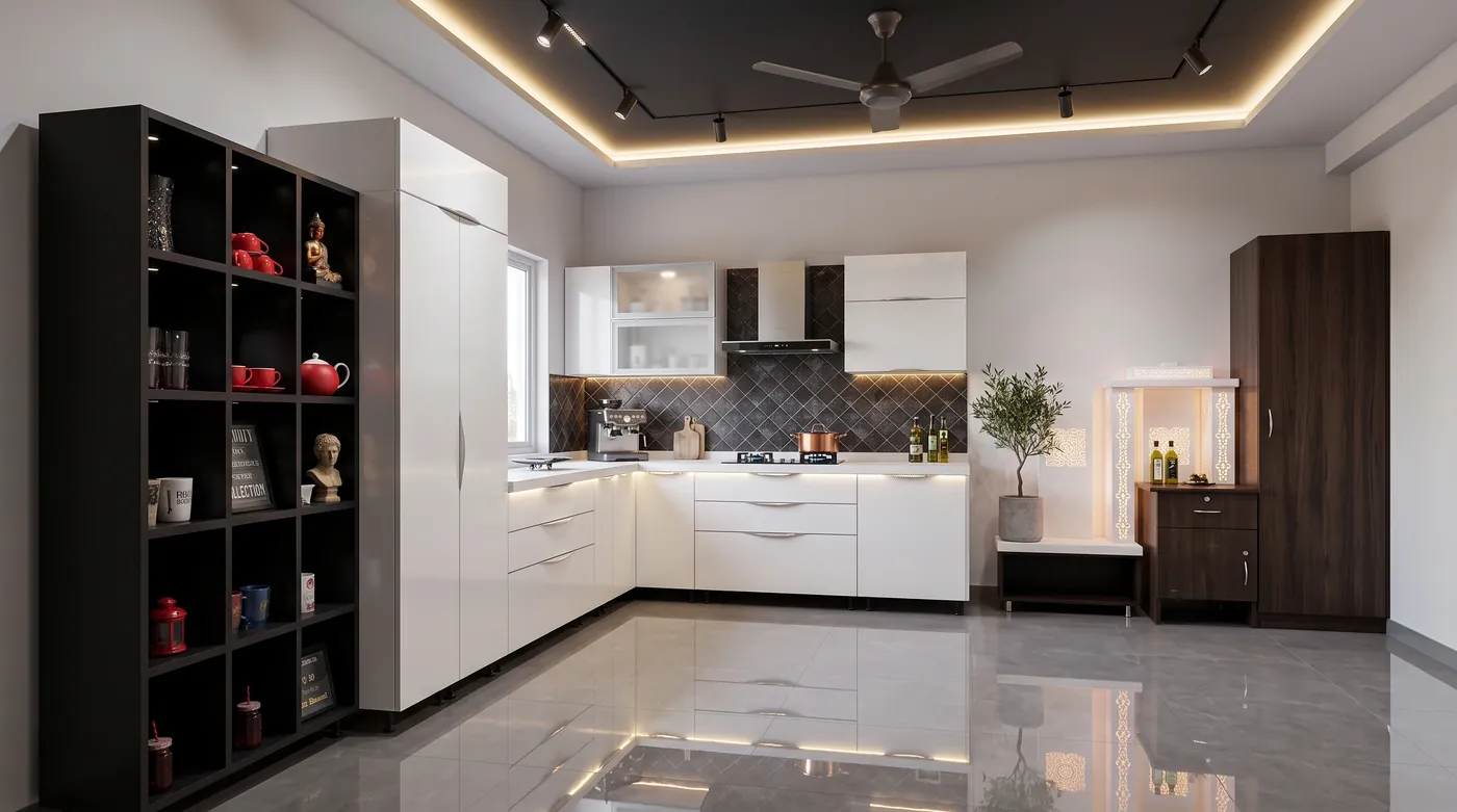 White kitchen with a dark open shelving unit and a tiled splashback