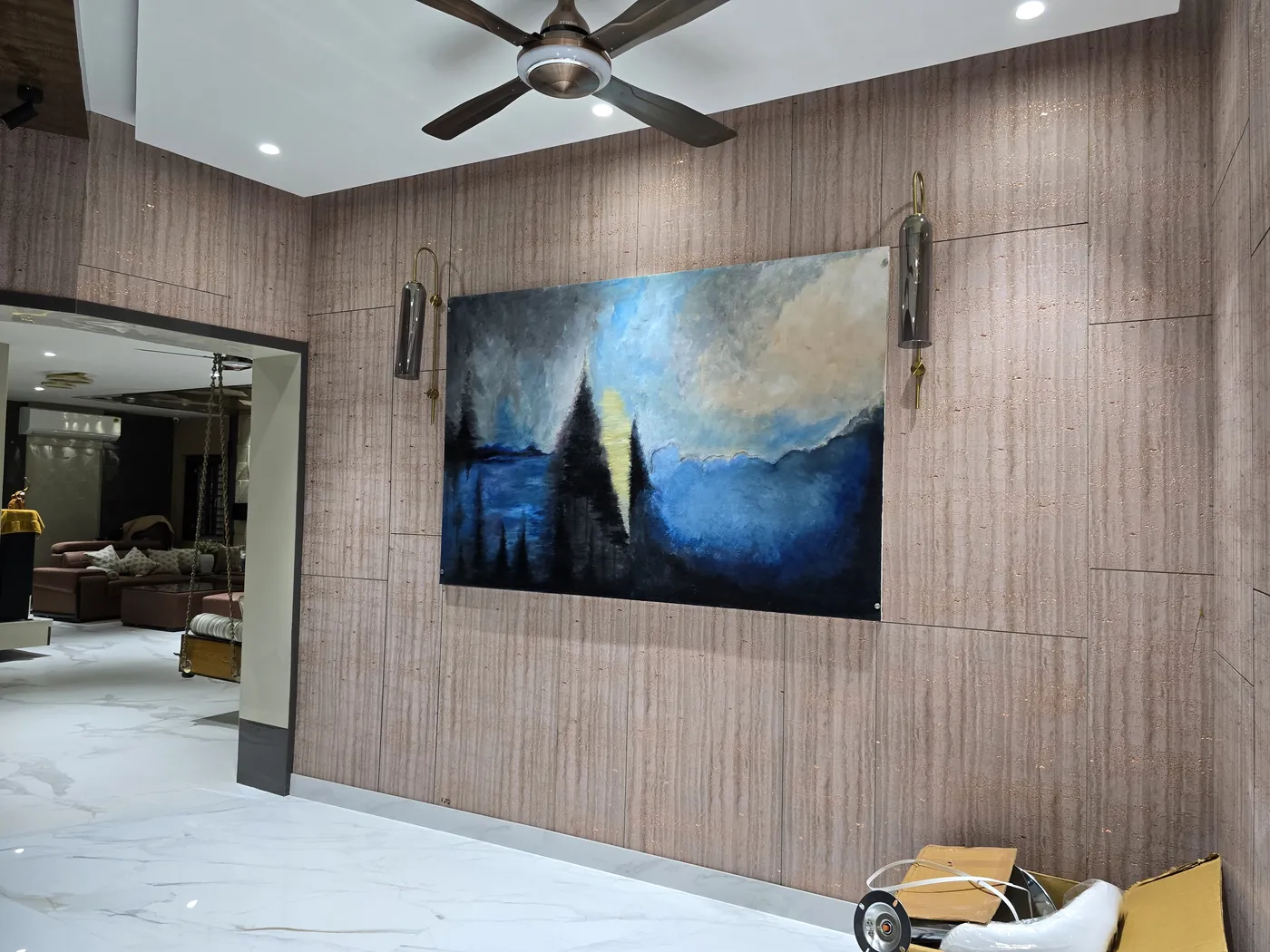 Living room with a full-height timber panelled feature wall